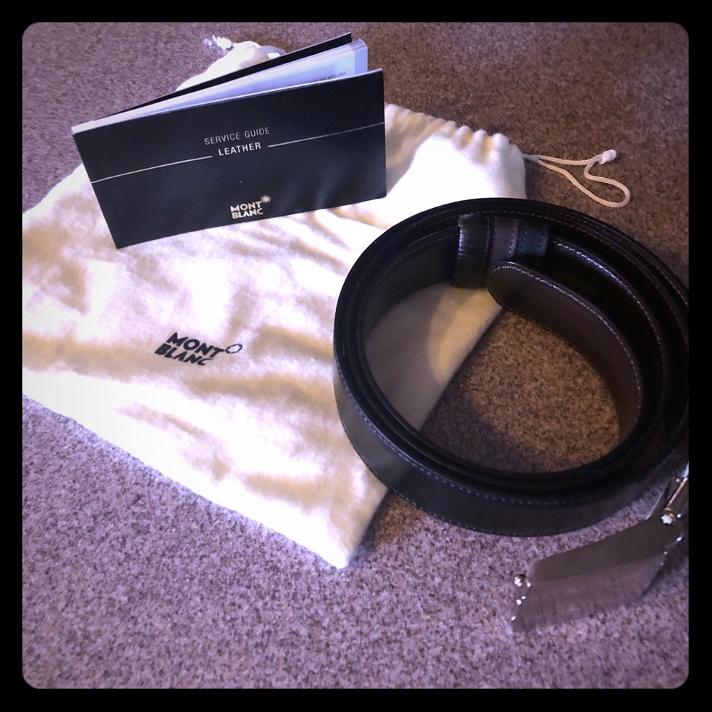 MONT BLANC BLACK LEATHER BELT SILVER BUCKLE